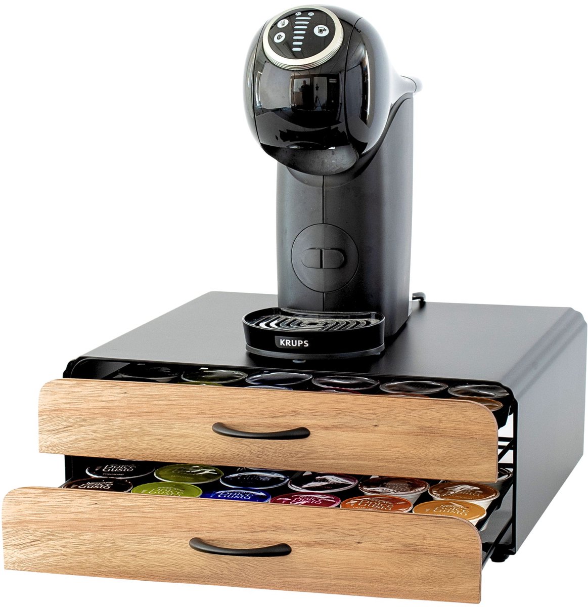Capsulehouder met Lade – Koffiecups houder – Geschikt voor Dolce Gusto – 72 Cups - RVS - Zwart met Bamboe Hout
