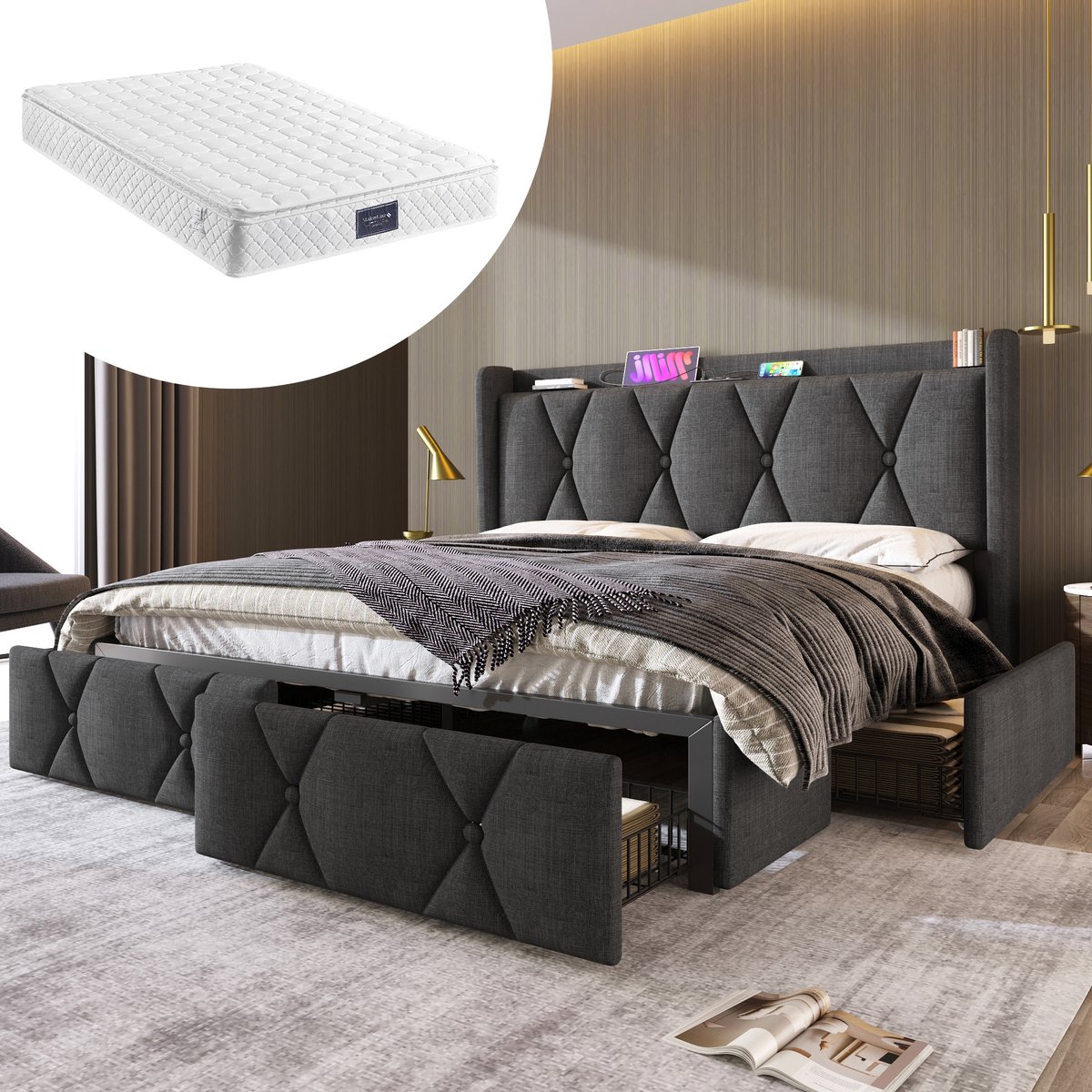 SINGULARITY-Gestoffeerd bed met USB-oplaadbaar hoofdeinde en 4 lades- tweepersoonsbed 160x200cm opbergbedden bedframe- grijs met matras