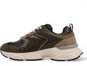 Groene dames sneaker met bruine slangenhuidprint en beige veters, van de zijkant gezien.