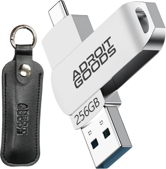 Zilverkleurige 256GB USB-stick met USB-A en USB-C aansluitingen, inclusief zwart leren hoesje met karabijnsluiting.