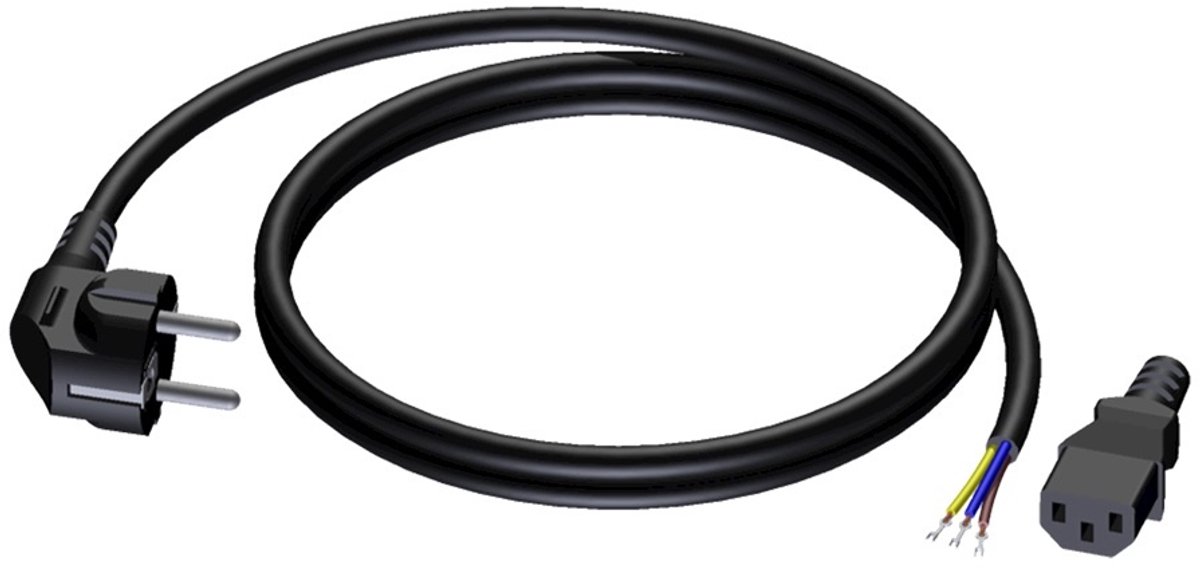 Procab CAB491 C13 (losse rechte stekker) - CEE 7/7 (haaks) stroomkabel - 3x 1,50mm / zwart - 10 meter