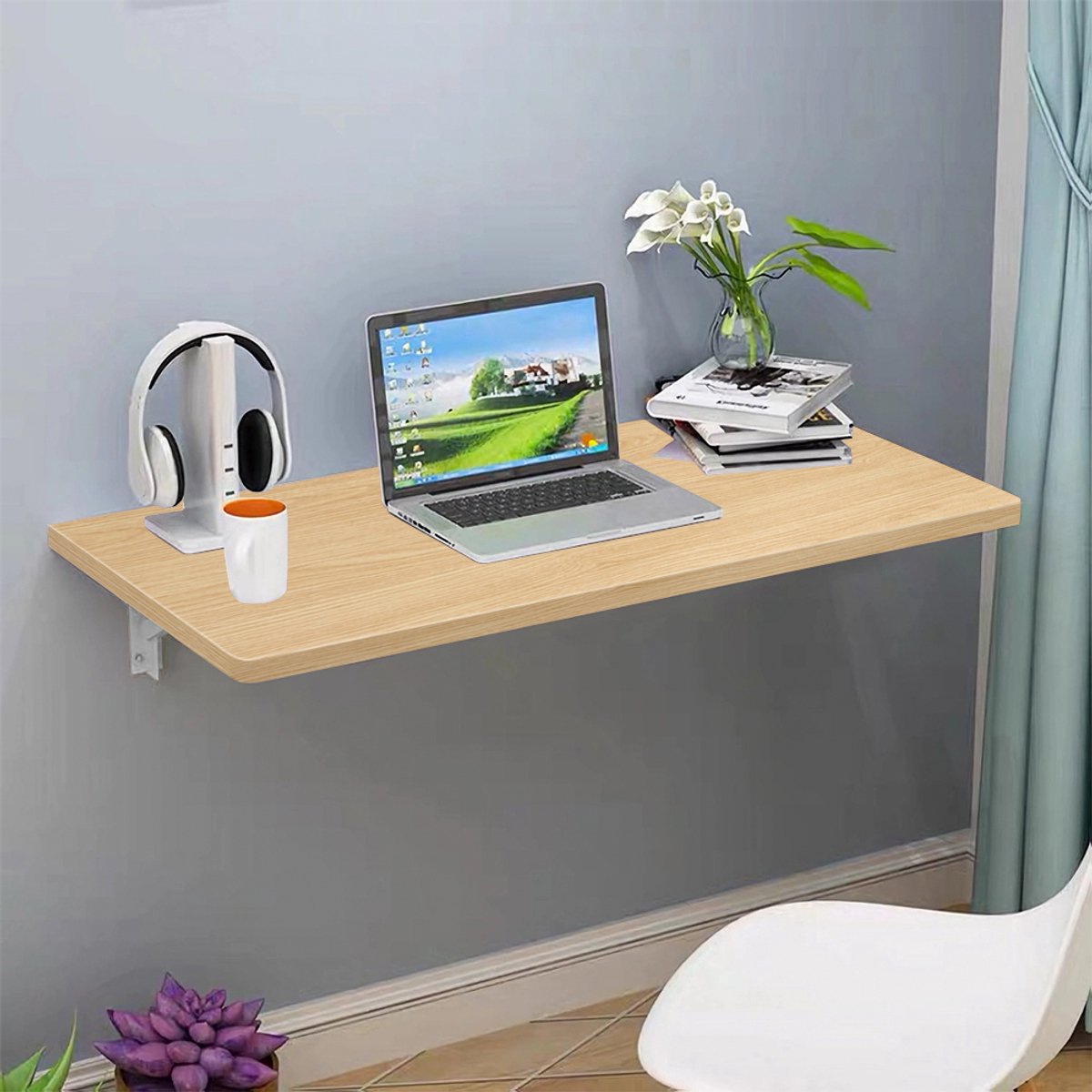 PIPIPOXER Wandtafel, opklapbare tafel, keukentafel, bureau, eettafel, opvouwbaar, 60x30cm, Walnoot(kleur)