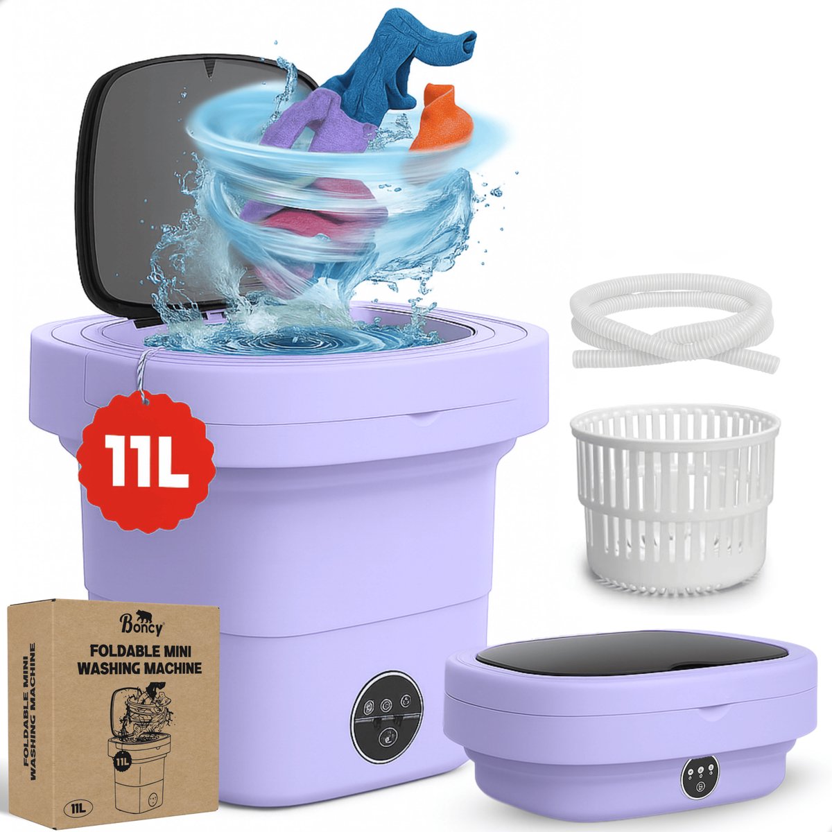 Boncy® Premium Mini Wasmachine met centrifuge - 11L Paars - Compacte Opvouwbare Miniwasmachine - Kleine Wasmachine Opvouwbaar - Ideaal voor Camping Apartement Kamer of Reizen - 4 kg + — afbeelding 1