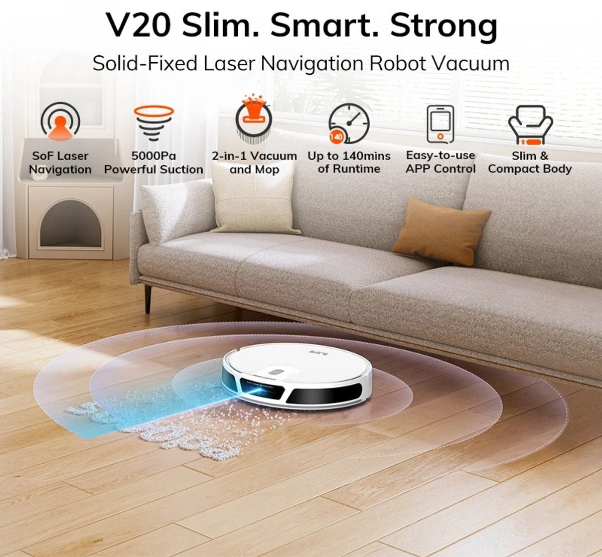 Afbeelding 3 van Je Huis Robotstofzuiger – ILIFE V20 met 5000 Pa Zuigkracht, Nat & Droog, LiDAR Navigatie, App & Afstandsbediening, Automatisch Opladen, 2,5 uur Accuduur – Wit.