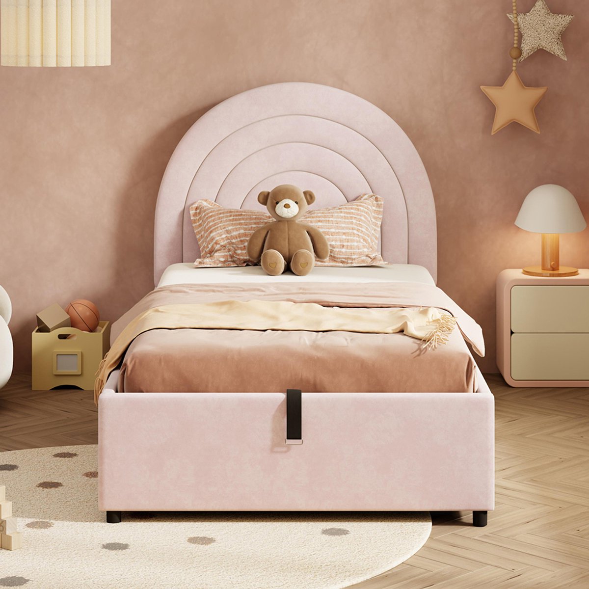 Pugsdrly Gestoffeerd bed 90*200, kinderbed, eenpersoonsbed met lattenbodem en hoofdeinde, bed voor tieners, geschikt voor volwassenen en tieners, houten latten, eenvoudige montage, fluweel, roze