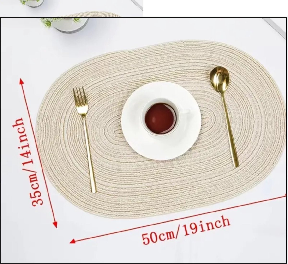 Set van twee ovale geweven placemats van stof, beige, groot