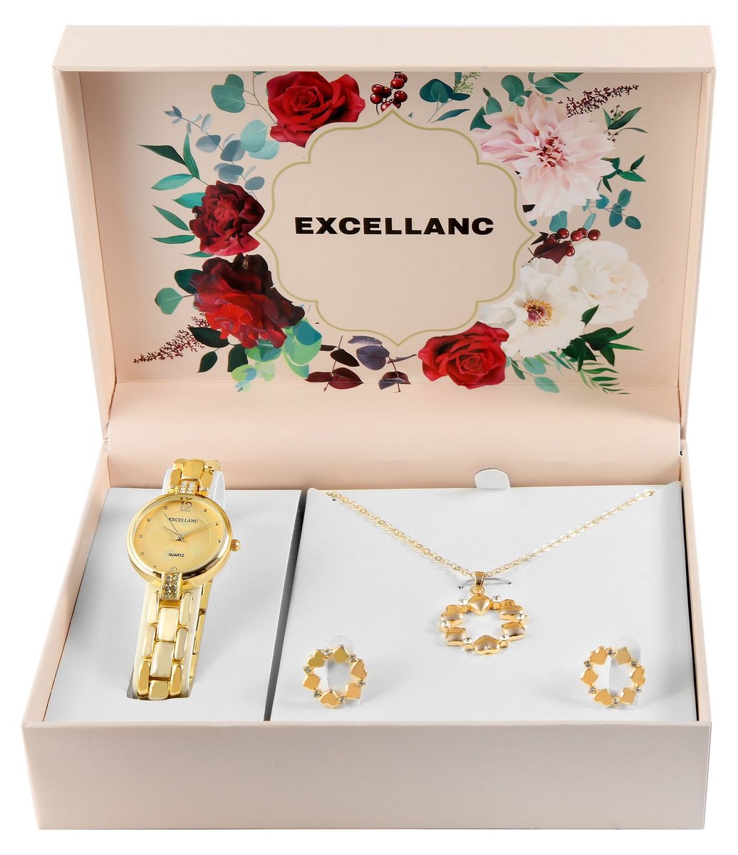 Excellanc dameshorloge geschenkset goudkleurig cadeauset horloge, ketting, oorknopjes