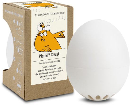 Een witte, ei-vormige kookwekker naast de open verpakking. Op de verpakking staat een oranje kipje met muzieknoten.