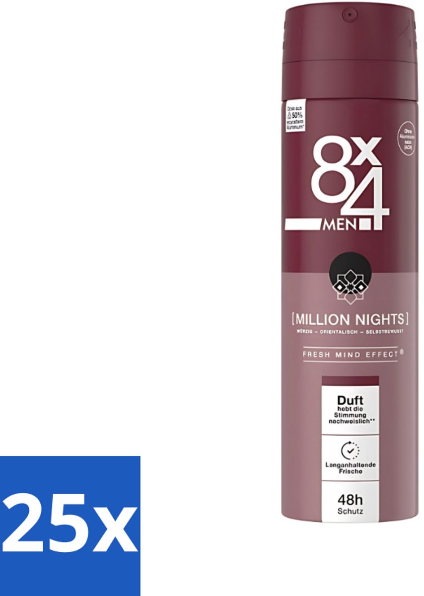 25 x 8 x 4 Deospray Men - No.18 Millions Nights - Deodorant - Voor Heren - 150 ml - Deodorant Voor Heren - Avondgeur - Langdurige Bescherming - Zweetbestendig - Verleidelijke Geur