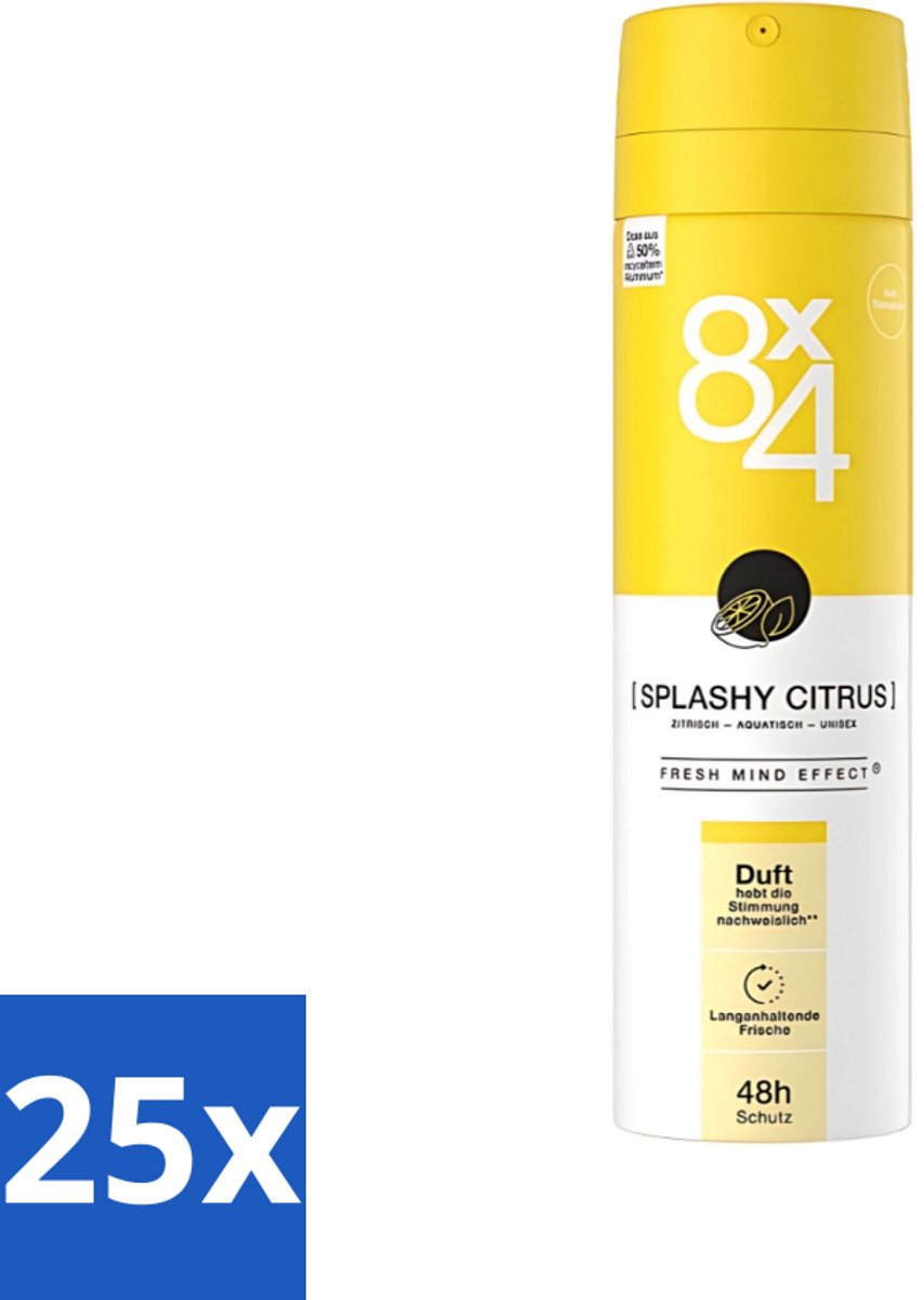25 x 8 x 4 Deospray - Splashy Citrus - Deodorant - Citrusgeur - 150 ml - Citrus Deodorant - Energiegeur - Frisse Geur - Zweetbescherming - Huidverzorging