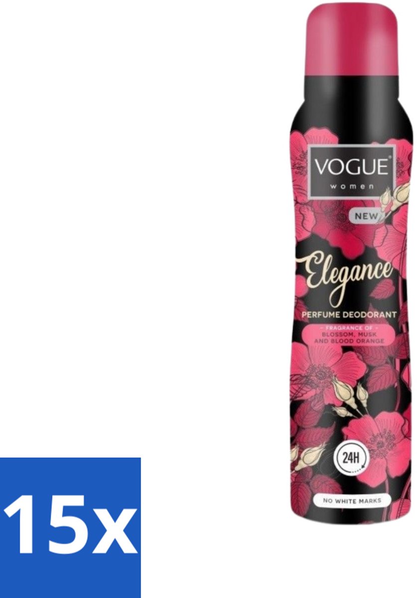 15 x Vogue Elegance Parfum Deodorant 150 ml - Deodorant - Parfum Deodorant - 24 Uur Bescherming - Geur Tegen Zweet - Bloesem Geur