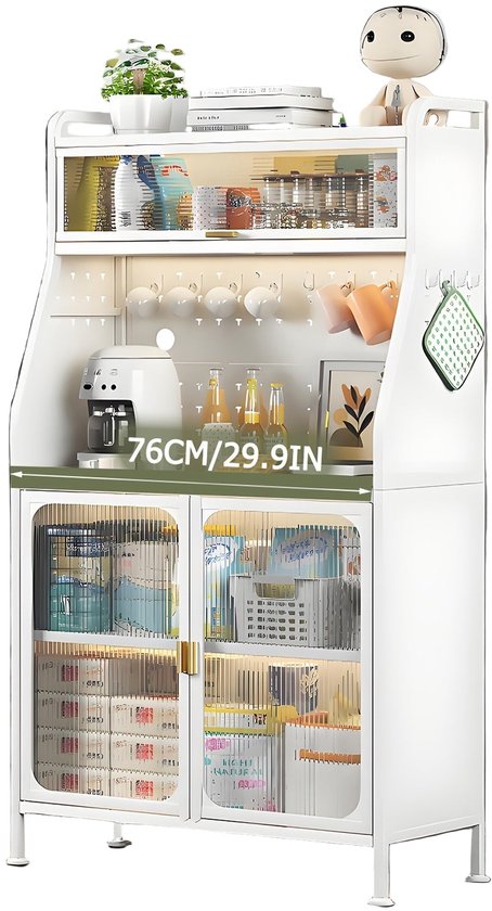 KOMFOTTEU keukenkast voorraadskas, eetkast keukenbuffet met glazen deuren, plank & verstelbaar rek, buffetkast multifunctionele kast incl. 8 haken & 1 hangmand, wit