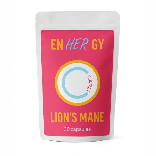 enHERgy LION'S MANE 30 capsules in een roze en witte verpakking met gele en blauwe cirkel.