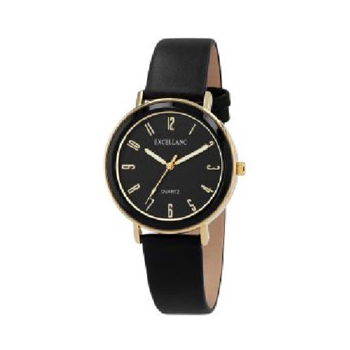 Excellanc-dameshorloge-zwart-goudkleurig-duidelijke wijzerplaat-3 atm-diameter 39 mm