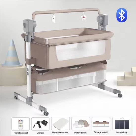 Maydolly Babybed,Baby Co-sleeper, 3 in 1 Ledikanten, Slaapkamerwieg, Kinderbed,Hoogwaardige matras ech hoogteverstelling en hellingverstelling, 4 zwenkwielen met rem(grijs