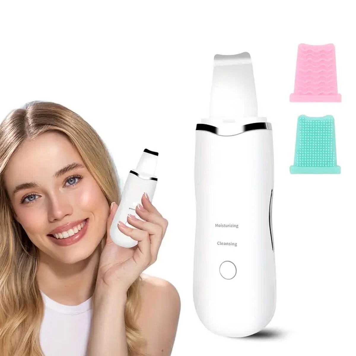 SkinScrubber Gezichtsreiniger – 3-in-1 Blackhead Remover en Pore Cleanser – Diepe Reiniging en Exfoliatie – Oplaadbare Gezichtsscraper met 3 Modus, Draagbaar en Duurzaam – Minimalistisch Design en Lange Batterijduur - Wit