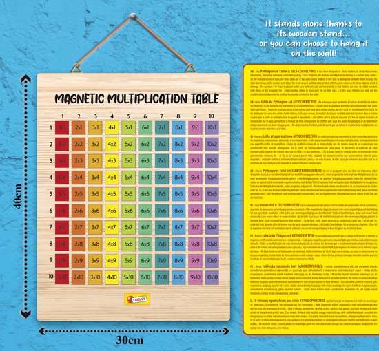 Een houten magnetische tafels vermenigvuldigingstafel met 10 rijen en 10 kolommen, met gekleurde cellen.