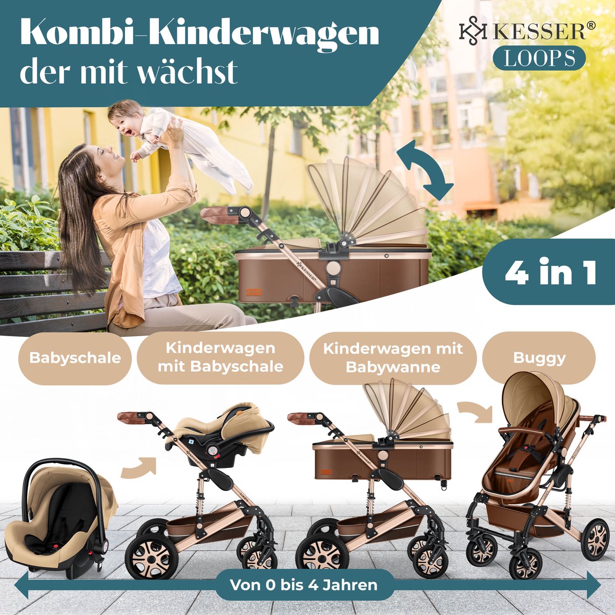 KESSER® 3 in 1 Kinderwagen Set met Autostoel en Reiswieg - Bruin/Champagne - afbeelding 2