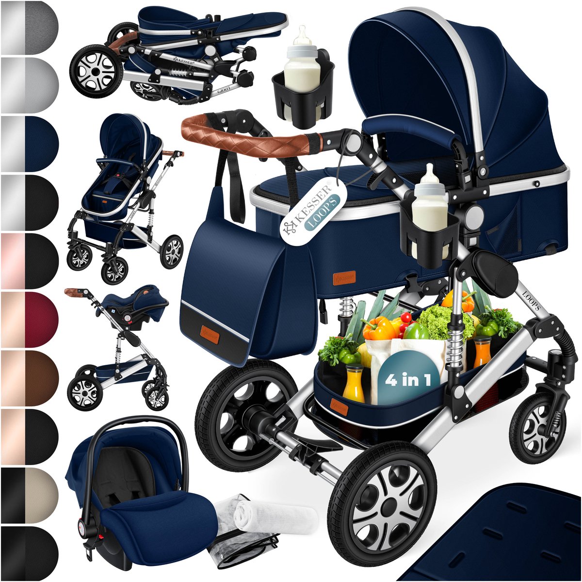 KESSER® 3 in 1 Kinderwagen Set met Autostoel en Reiswieg - Blauw/Zilver - Product - €253,80