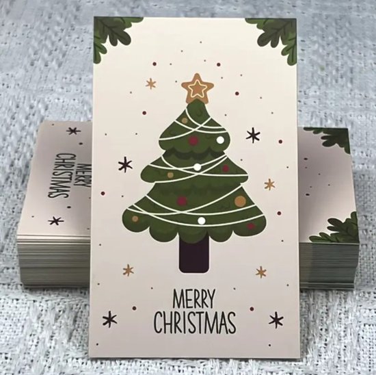 Stapel kerstkaarten met een geïllustreerde kerstboom en de tekst 'Merry Christmas'.