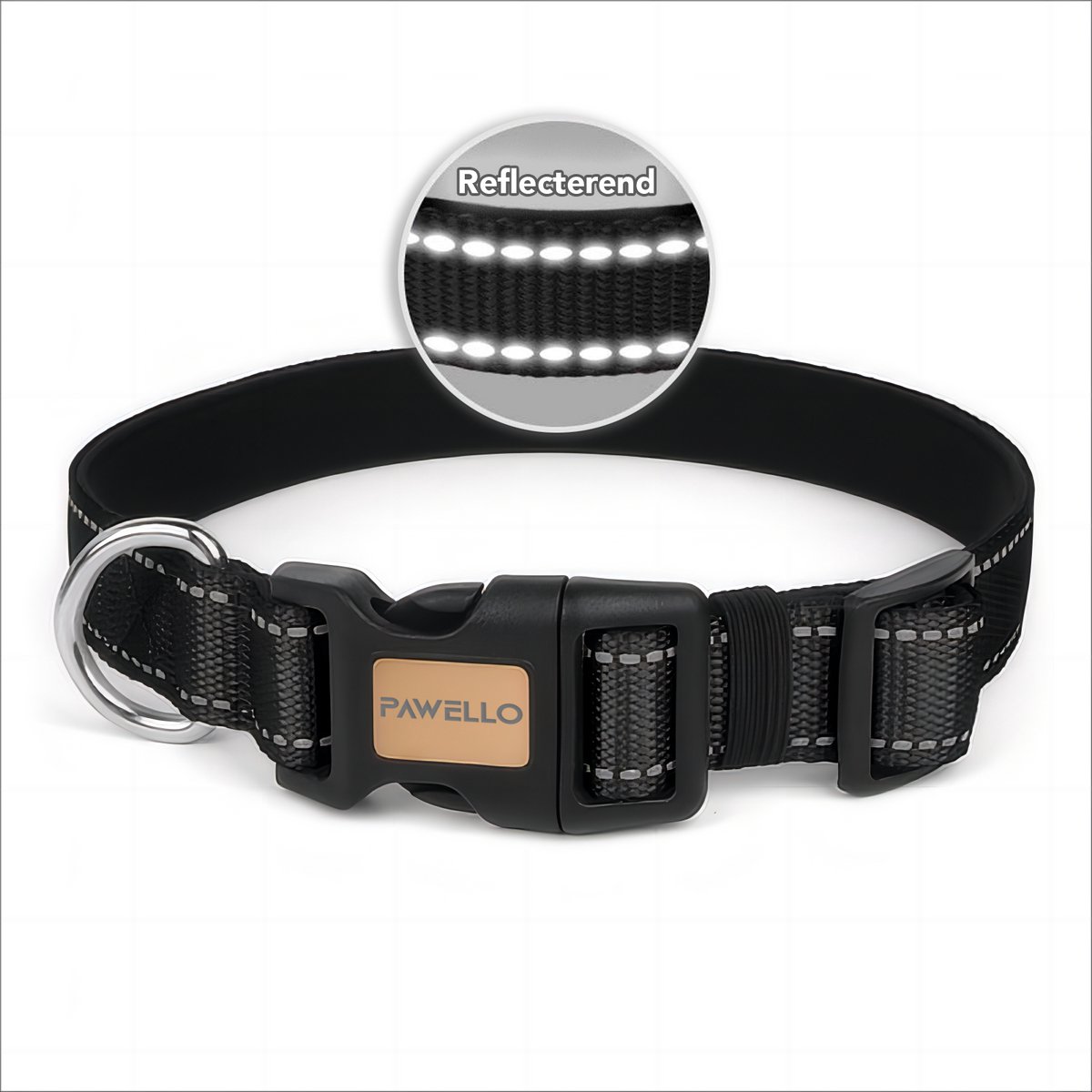 Pawello Reflecterende Hondenhalsband, Verstelbaar & Comfortabel, Waterafstotend & Oersterk – Black – Maat M (35–50 cm)