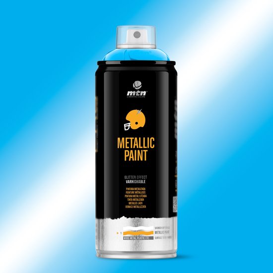 Aérosol noir avec capuchon bleu, portant le logo 'mtn' et 'METALLIC PAINT' en lettres orange. Le texte est "Glitter effect varnishable".