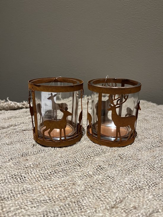 Glazen roest herten theelichtje houder- sfeervol- stoer sober- wonen- kerst- herfst- najaar