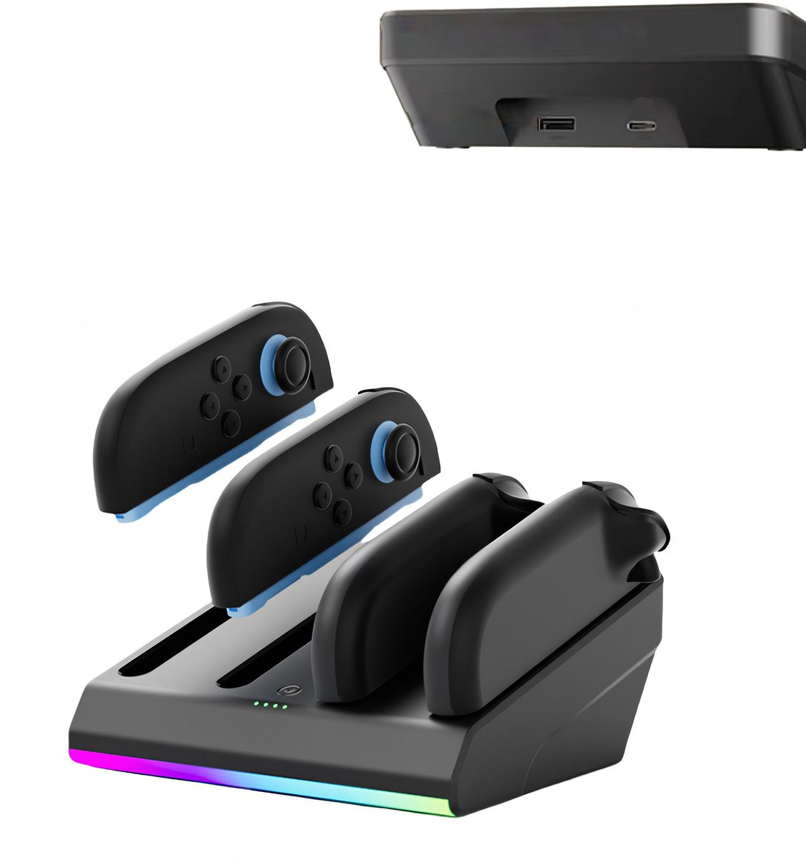 Radiant Play Joy-Con Oplaadstation voor Nintendo Switch 2 - Laadstation voor 4 Joy-Cons met LED-indicatie & RGB Verlichting - USB-C - Zwart