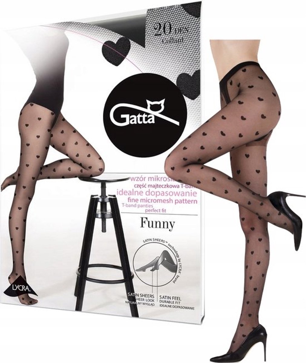 Gatta Funny – Panty Dames 20 DEN – Zwart met Hartjespatroon – Basis Panty – Maat S