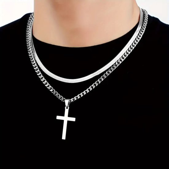 Dubbele Heren Ketting - Roestvrijstaal - Hip Hop Kruis Hanger - Stoere & Stijlvolle RVS Ketting met Religieus Symbool - Duurzaam, Trendy & Verkleurt Niet - Perfect Cadeau voor Mannen - Voor Dagelijks Gebruik, Feestdagen & Speciale Gelegenheden