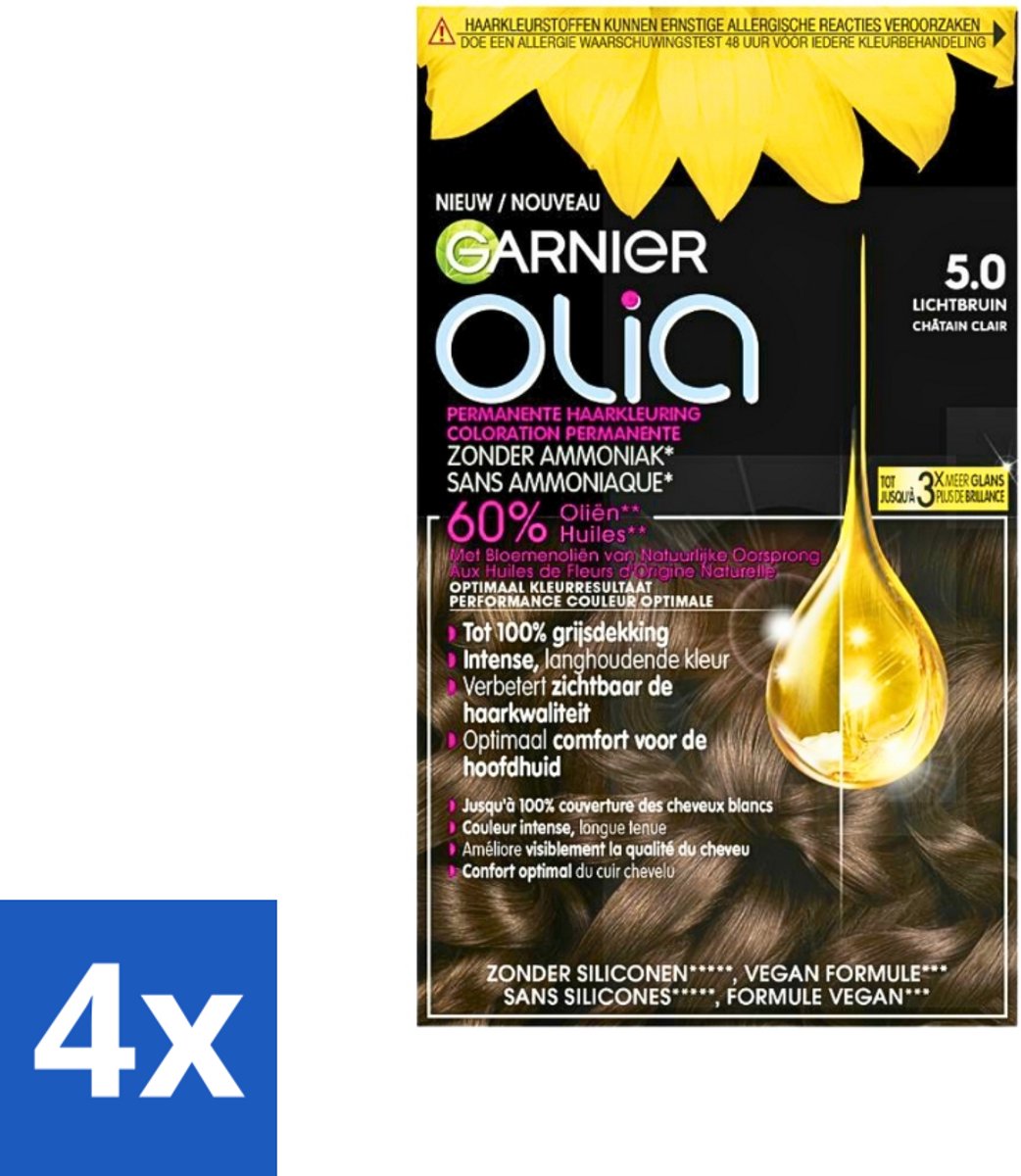 4 x Garnier - Olia 5 - Haarkleuring - Lichtbruin - Zonder Ammoniak - 60% Olie - Permanente Kleur - Permanente Haarkleur - Haarkleuring - Garnier Olia - Haarkleuring Zonder Ammoniak - Oliebasis Haarkleuring