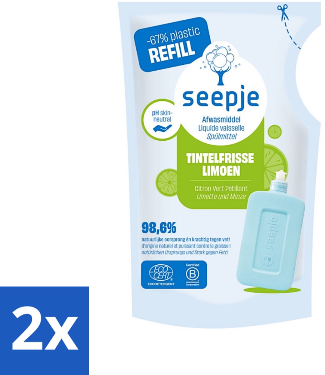 2 x Seepje - Afwasmiddel - Duurzaam & Herbruikbaar - Re-fill - Tintelfrisse Limoen Geur - 500 ml - Afwasmiddel - Milieuvriendelijk - Biologisch Afbreekbaar - Refill - Limoen