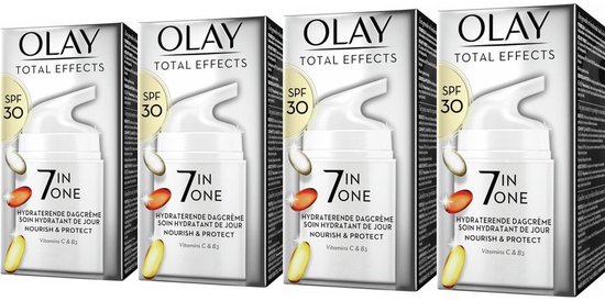 Vier verpakkingen van Olay Total Effects dagcrème SPF 30. Elke doos toont de crème, 7-in-one, Hydraterende dagcrème, en Vitamines C & B3.