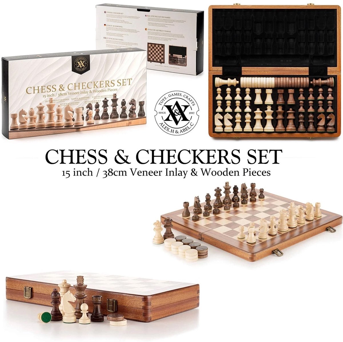 Schaken en dammen - Hoogwaardig beukenhout - 2in1 - schaakbord 38CM - Wood Chess & Checkers Set