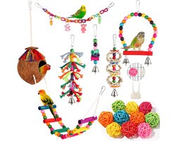 17 stuks - Vogelspeelgoed - Papegaai Speelgoed - Papegaaienschommelset - Kauwspeelgoed - Houten bellen Hangspeelgoed - speelgoed voor huisdieren - voor Conures, Valkparkieten, Dwergpapegaaien, Kleine parkieten, Grasparkieten, Vinken - Multicolor