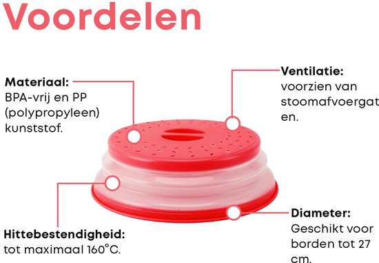 Rode magnetrondeksel: materiaal BPA-vrij, hittebestendig tot 160°C, ventilatie, diameter 27 cm.