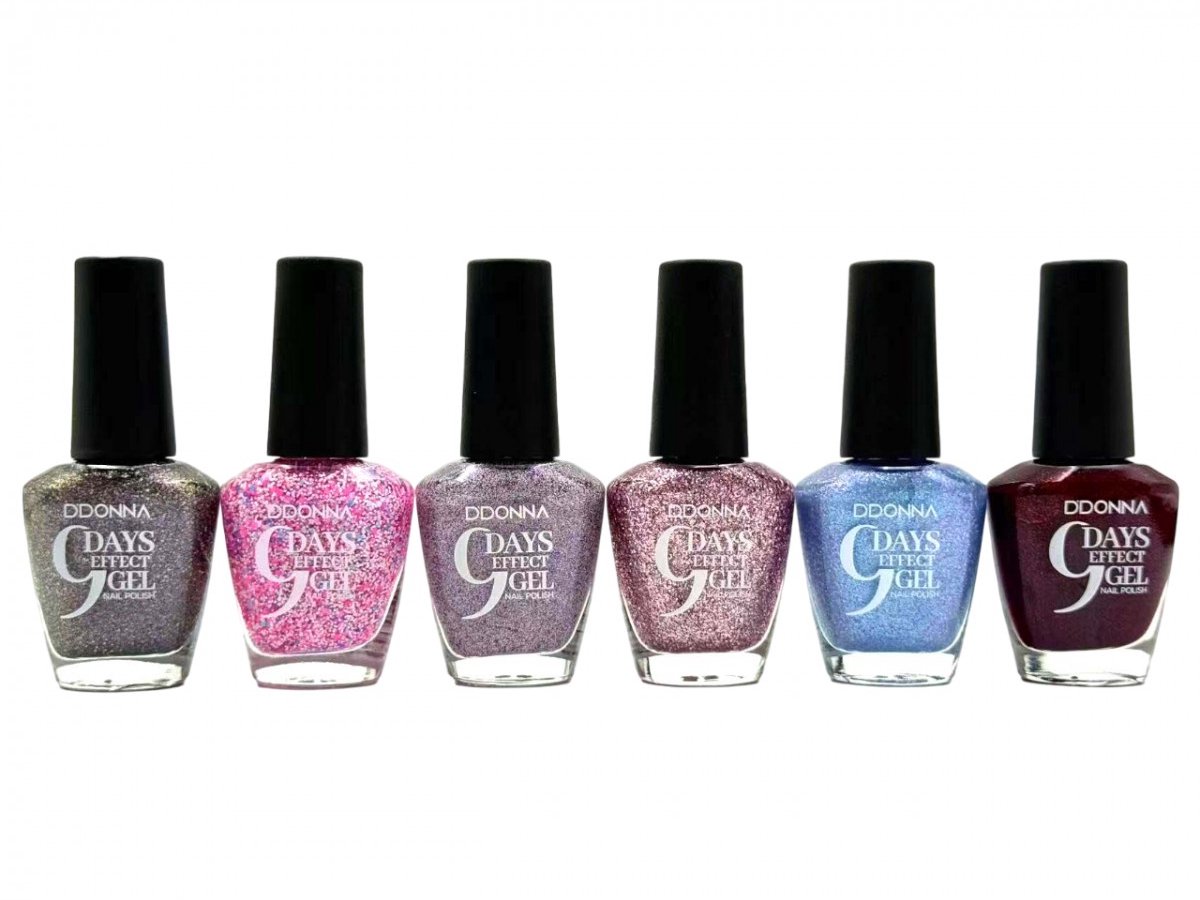D'Donna - Set met 6 Flesjes Glitter Nagellak - Supernova - 9 Dagen Gel Effect Nagellak - Taupe/Zilver/Multi - Roze/Wit/Blauw - Paars/Rood/Zilver - Roze/Multi - Licht Blauw/Multi - Rood/Shimmer - Inhoud per flesje 15 ml.