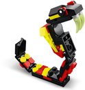 Zwarte, rode en gele LEGO slang met lichtgroene tandjes.