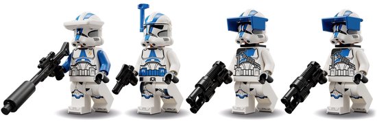 Vier LEGO 501st Clone Troopers in blauw en wit, met wapens