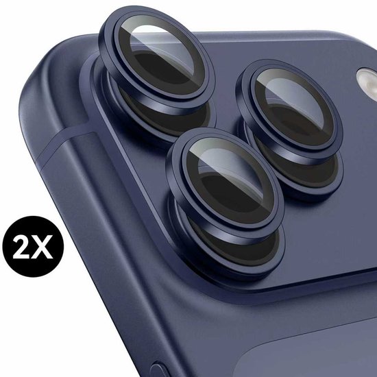 Drie donkerblauwe lensbeschermers op de achterkant van een smartphone, met een '2X' aanduiding.