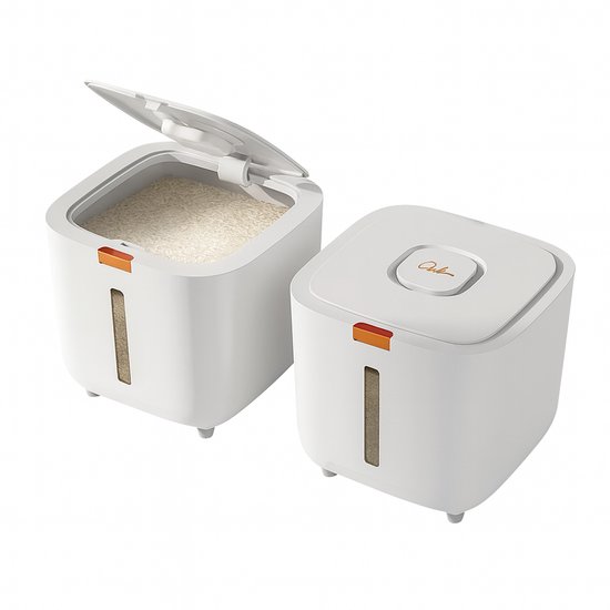 Deux boîtes de conservation du riz blanches, l'une ouverte avec du riz à l'intérieur, l'autre fermée.