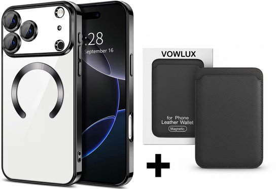 Coque blanche avec anneau MagSafe, téléphone et portefeuille MagSafe noir avec logo VOWLUX.