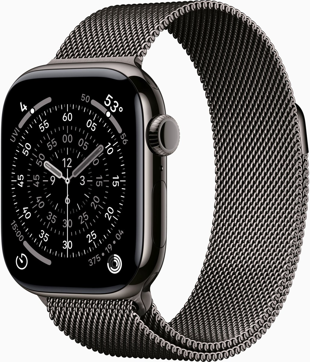 Apple Watch Series 11 GPS + mobiel, 46 mm, leigrijze titanium kast met leigrijze Milanese band - S/M