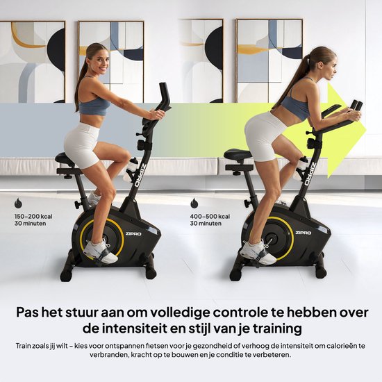 Vrouw traint op een zwarte hometrainer, met naast zich een weergave van calorieverbranding.