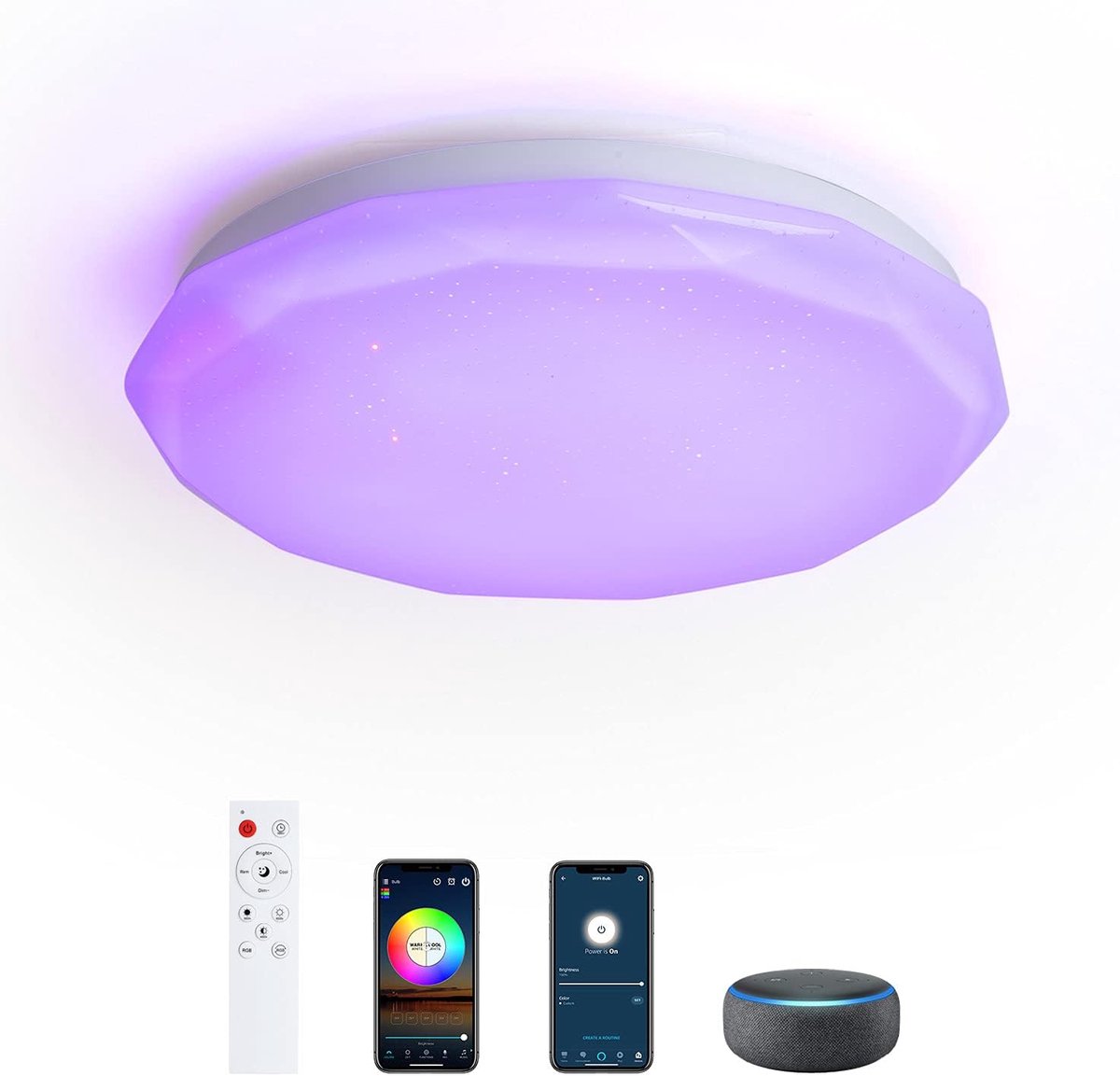 Smart led-plafondlamp, compatibel met Alexa, Google Home, afstandsbediening dimmen en kleuraanpassing, RGB-kleur, echo spraakbediening, voor woonkamer, slaapkamer, 28 W, 28 cm