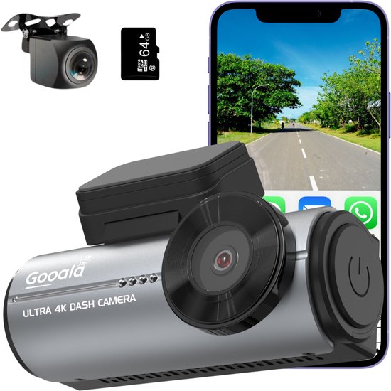 Gooala® Dashcam Ultra 4K voor Auto Voor en Achter- 4K & 1080P - Beeldscherm & App opnames - Inclusief 64GB SD Kaart