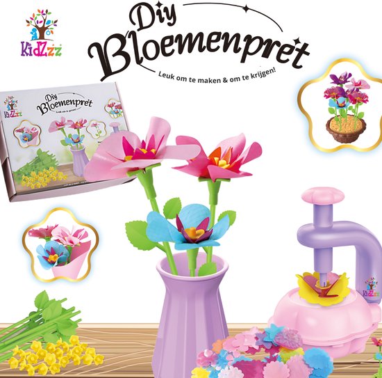 NIEUW! KidZzz DIY Bloemenpret – Bloemen Knutselpakket voor Kinderen (+3 jaar) - Zelf Bloemen Boeketten maken - Incl. Vaasje, Bloempot, Cadeaupapier, Grond & Accessoires – Textiel Bloemblaadjes – Gerecycled Plastic stelen. Creatief Educatief speelgoed
