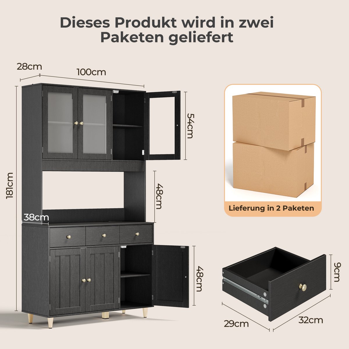 Xbro Keukenkast – Slim ontwerp met 3 lade en 6 deuren, verstelbare planken en te combineren met andere keukenkasten – Keuken Opbergkast – keuken & woonkamer – 100×30×180 cm – Zwart — cadeau in Cadeau-ideeën - foto 7