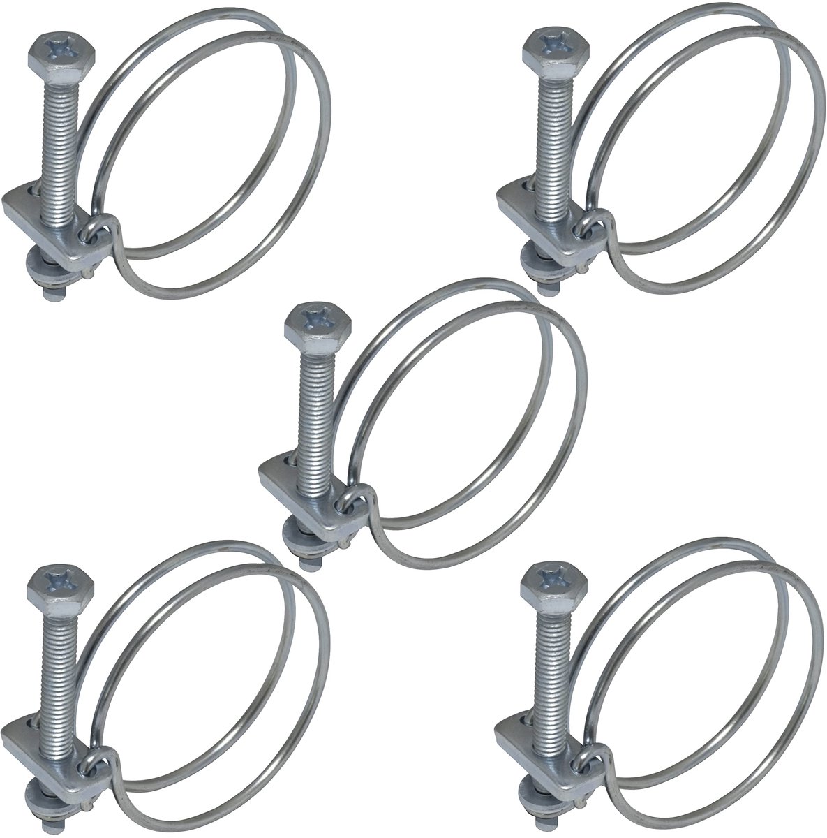 C63738 - Set van 5 dubbele draadklemmen 47-52 mm - van staal - kleur zilver - voor ventilatiebuizen