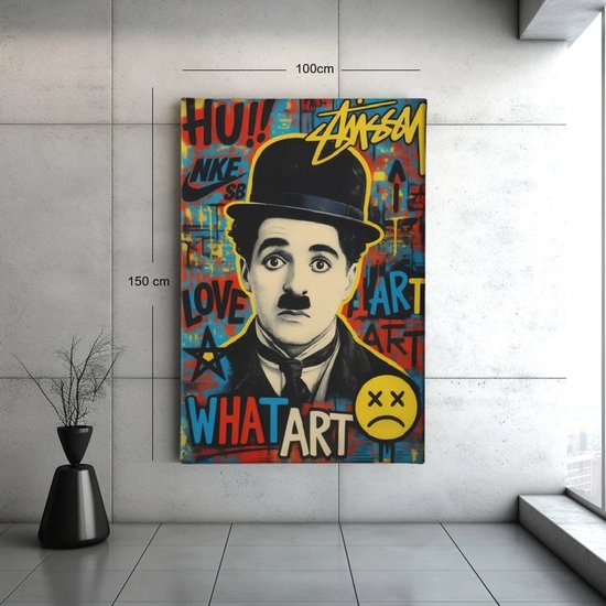 Canvas Schilderij - Graffiti - Charlie Chaplin - Wanddecoratie - 90x60x2 cm